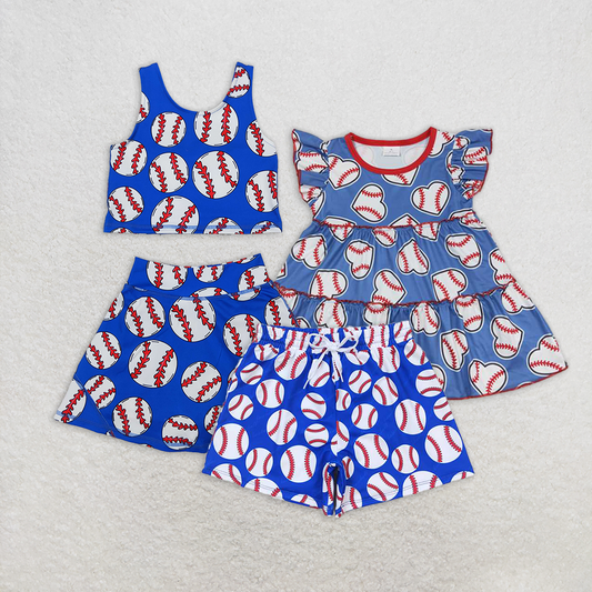 RTS NO MOQ Summer Sibling  Baby Girls Blue Baseball Top Skirt Shorts Outfits