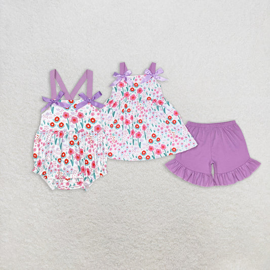 RTS NO MOQ Summer Sibling Baby Girls Purple Tulip Flowers Bows Rompers Tunic Shorts Clothes Sets