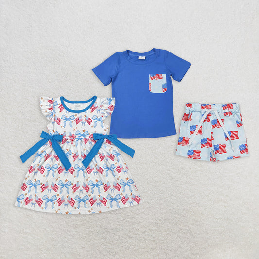 RTS NO MOQ Summer Sibling Boys Baby Girls 4th of July Flags Pocket Shirts Shorts Outfits Knee Length Dresses