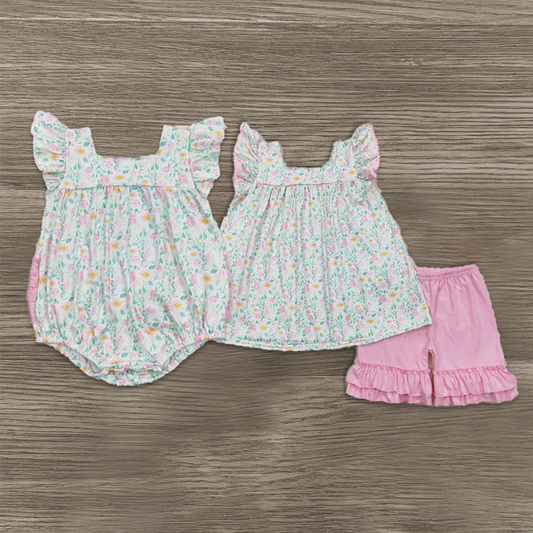 RTS NO MOQ Summer Sibling Baby Girls Pink Flowers Tops Ruffle Shorts Rompers Clothes Sets