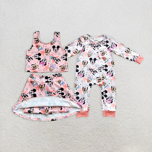 RTS NO MOQ Summer Sibling Baby Girls Mouse Ducks Top Skort Yoga Romper Sets