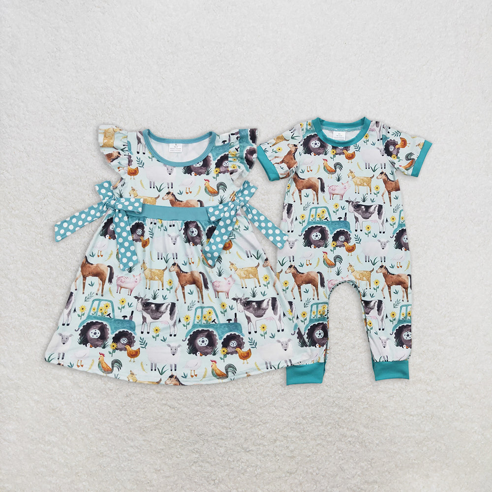 RTS NO MOQ Summer Sibling Baby Kids Short Sleeve Horse Pig Cow Chicken Farm Rompers Dresses