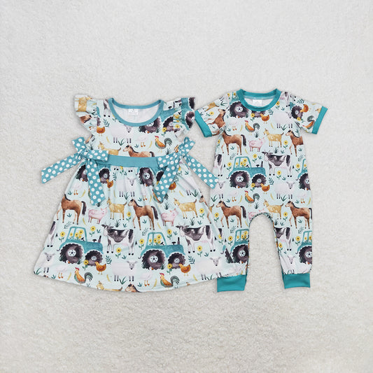 RTS NO MOQ Summer Sibling Baby Kids Short Sleeve Horse Pig Cow Chicken Farm Rompers Dresses