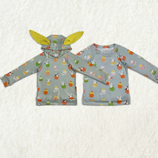 5.24 RTS NO MOQ Sibling Baby Boys Long Sleeve Easter Green Rabbits Eggs Long Sleeve Tops