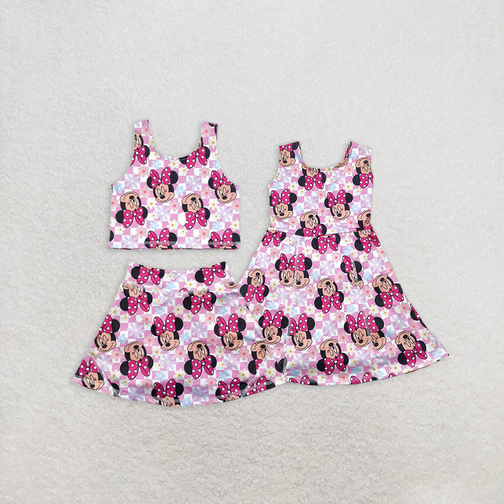 RTS NO MOQ Summer Sibling Baby Girls Sleeveless Pink Plaid Mouse Top Skort Yoga Set Knee Length Dress