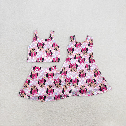 RTS NO MOQ Summer Sibling Baby Girls Sleeveless Pink Plaid Mouse Top Skort Yoga Set Knee Length Dress