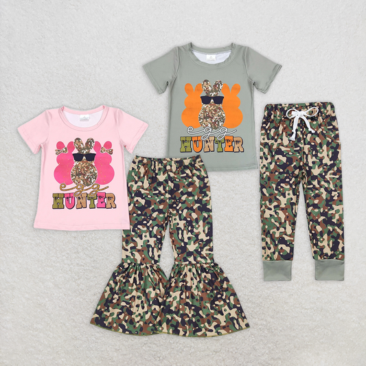 RTS NO MOQ Summer Sibling  Baby Girls Boys Easter Rabbit Hunter Shirts Tops Camo Pants Sibling Clothes Sets
