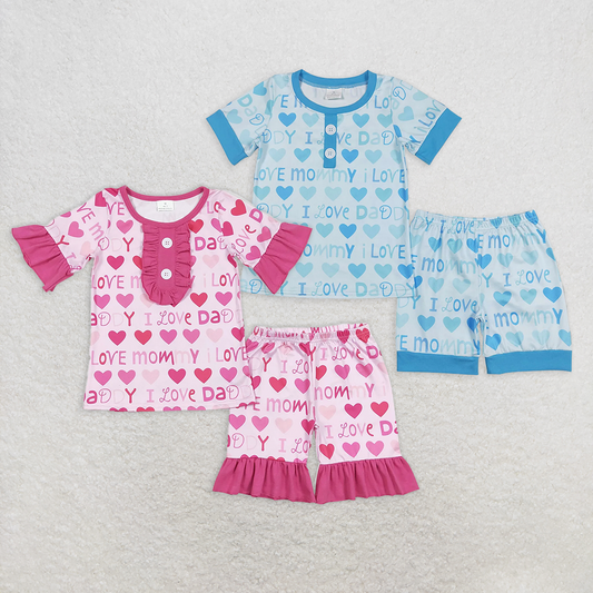 RTS NO MOQ Summer Sibling  Baby Girls Boys  I Love Mom Dad Shirts Shorts Pajamas Clothing Sets