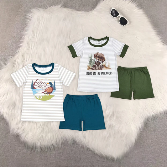 RTS NO MOQ Summer Sibling Baby Boys Khaki Stripes Duck Dog Hunting Tee Shirts Tops Shorts Clothing Sets