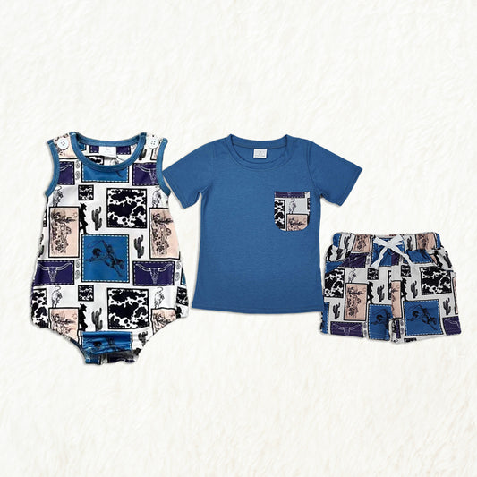 5.24 RTS NO MOQ Summer Sibling Baby Boys Western Cowboys Rompers Outfits