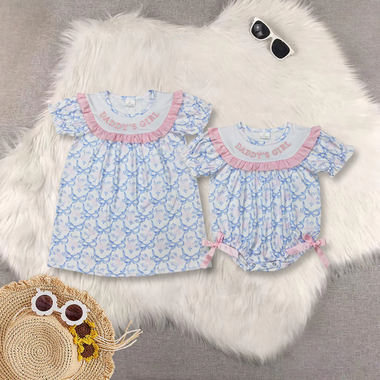 RTS NO MOQ Summer Sibling Baby Girls Embroidery DADDY'S GIRL Bows Floral Plaid Knee Length Dress Rompers