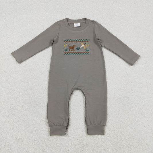 RTS Baby Boys Long Sleeves Embroidery Dogs Ducks Cotton Romper