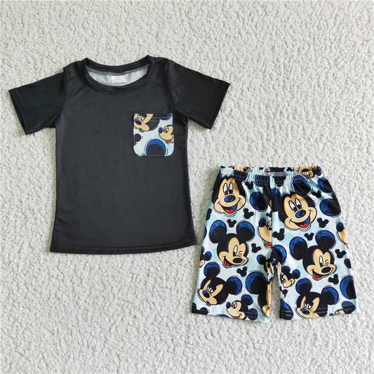 8.12 RTS NO MOQ Baby Boys kids Summer Sets BSSO0053 Black pocket cute mouse shorts sets