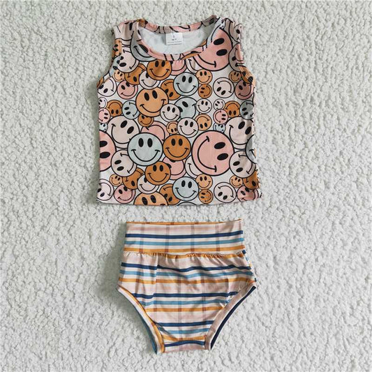 5.24 RTS NO MOQ Baby Girls Summer Outifts GBO0043 Smile Sleeveless Shirt Bummie Sets