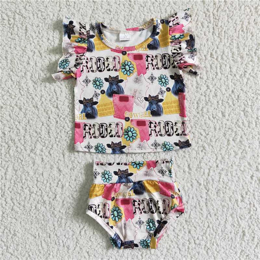 5.24 RTS NO MOQ Baby Girls Summer Outifts GBO0044 Western Pink Rodeo Bummie Sets