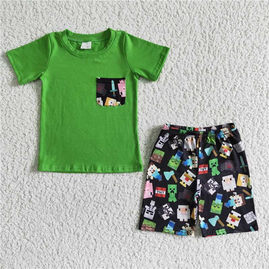 8.11 RTS NO MOQ Baby Boys kids Summer Sets BSSO0078 Green pocket shirt cute shorts sets