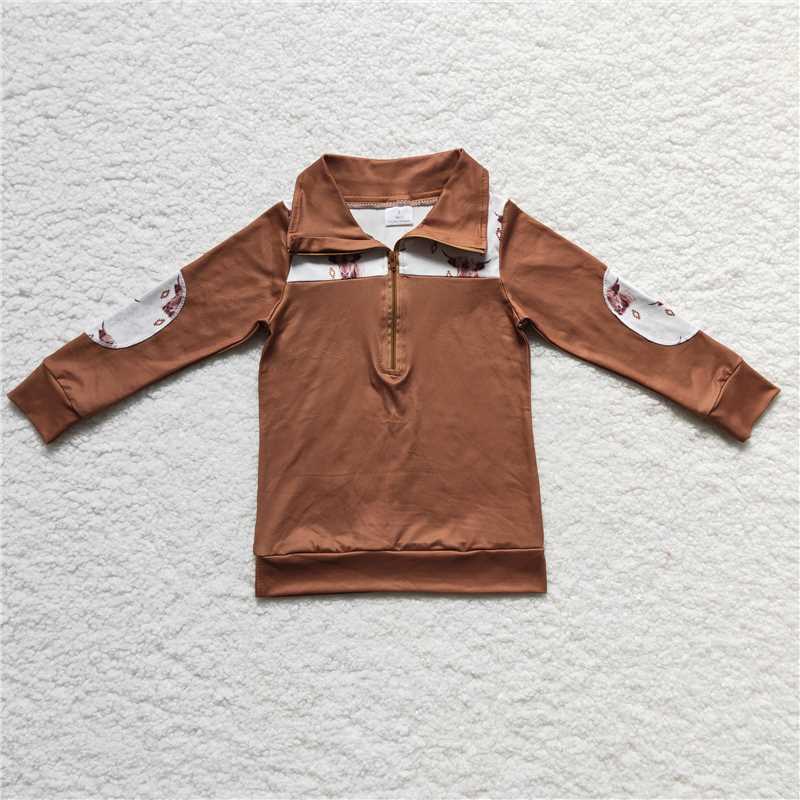 7.21 RTS NO MOQ Baby Boys Long Sleeve BT0104 Highland Western Brown Cow Pullovers
