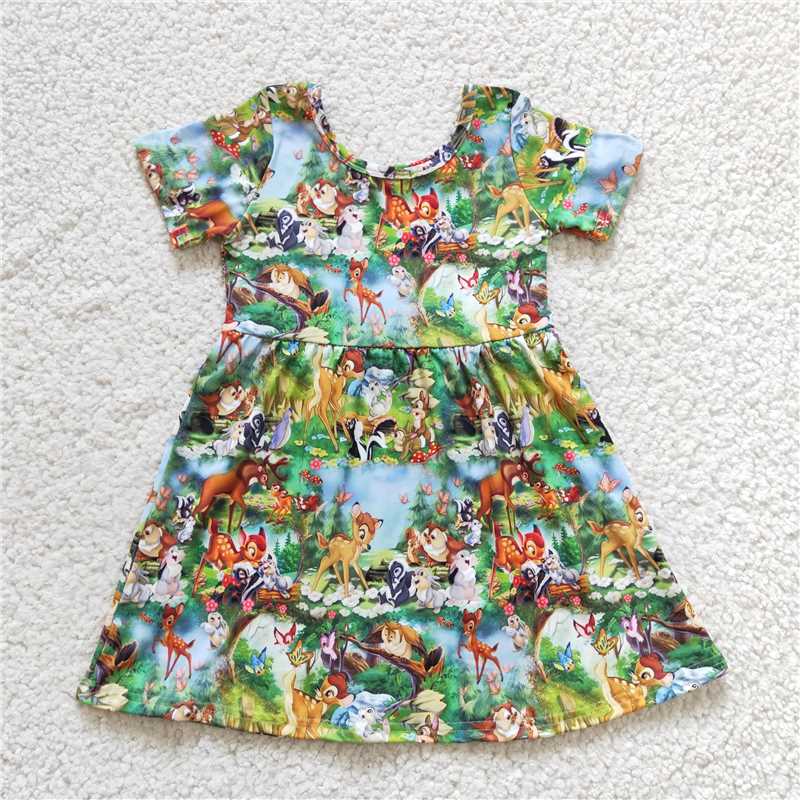 8.5 RTS NO MOQ Summer Baby Girls Dresses GSD0179 Cartoon Deer Knee Length Dresses