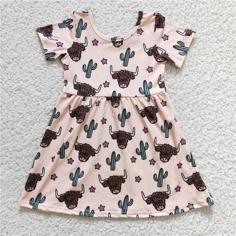 8.5 RTS NO MOQ Summer Baby Girls Dresses GSD0178 Highland Cow Cactus Knee Length Dresses