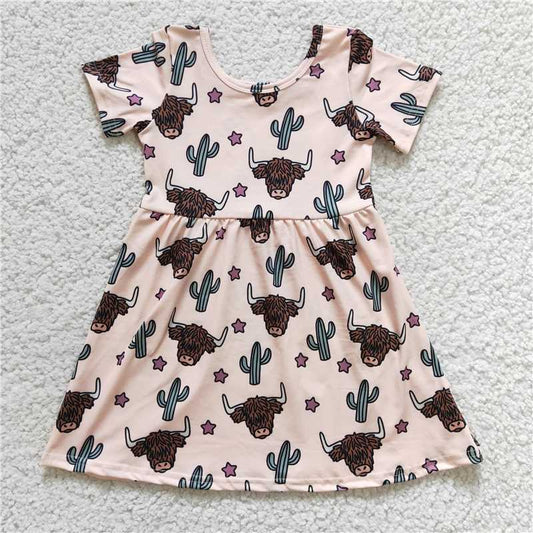 8.5 RTS NO MOQ Summer Baby Girls Dresses GSD0178 Highland Cow Cactus Knee Length Dresses