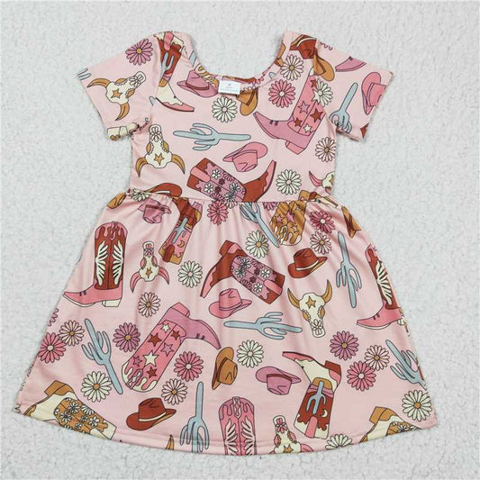 8.5 RTS NO MOQ Summer Baby Girls Dresses GSD0205 Western Cow Skull Cactus Knee Length Dresses