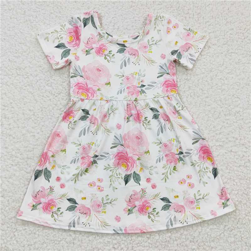 8.4 RTS NO MOQ Summer Baby Girls Dresses GSD0274 Pink Flowers Short Sleeve Knee Length Dresses