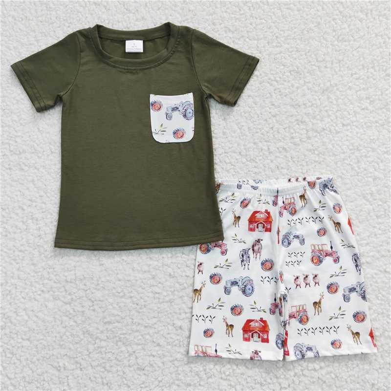 8.9 RTS NO MOQ Baby Boys kids Summer Sets BSSO0131 Farm Green Top Pocket Summer Shorts Clothes Sets