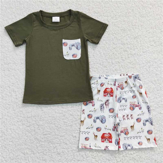 8.9 RTS NO MOQ Baby Boys kids Summer Sets BSSO0131 Farm Green Top Pocket Summer Shorts Clothes Sets