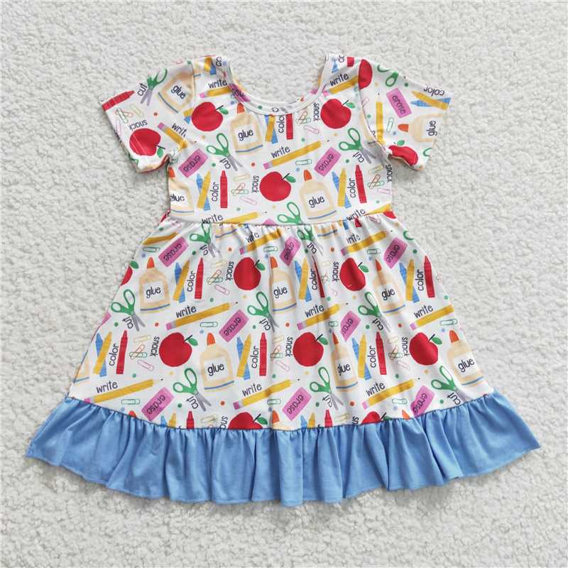 GSD0394 Pencil Apple glue blue lace short-sleeved back to school dress