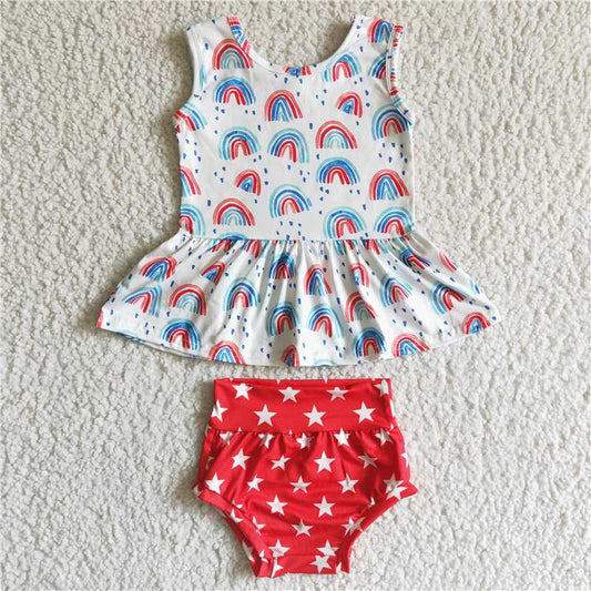 5.24 RTS NO MOQ Baby Girls Summer Outifts GBO0014 Sleeveless Rainbow Tunic Bummie Sets