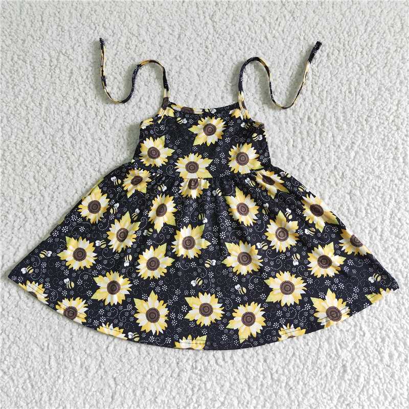 8.6 RTS NO MOQ Summer Baby Girls Dresses GSD0036 Sunflower halter knee length dresses
