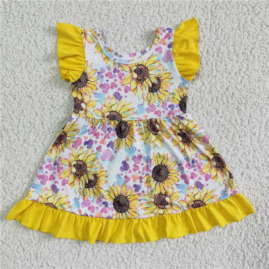 8.6 RTS NO MOQ Summer Baby Girls Dresses GSD0071 Sunflower flutter sleeve ruffle dresses