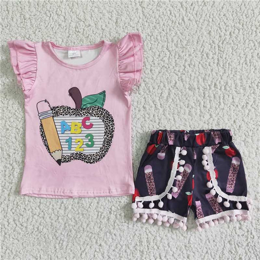 RTS NO MOQ Baby Girls Summer Sets GSSO0116 Back To School Pencil Apple Shorts Sets