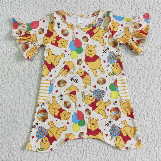 8.6 RTS NO MOQ Summer Baby Girls Dresses GSD0114 Bear short sleeve bear pocket dresses