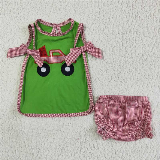 5.24 RTS NO MOQ Baby Girls Summer Outifts GBO0048 Watermelon Tractor Embroidery Bummie Sets