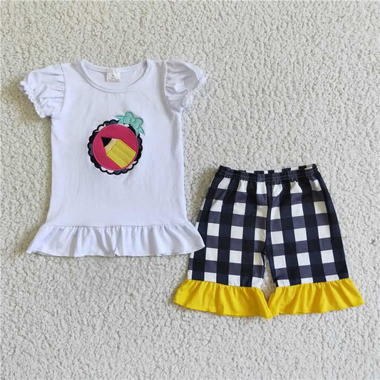RTS NO MOQ Baby Girls Summer Sets GSSO0102 Pencil Embroidery Back To School Pencel Shorts Sets