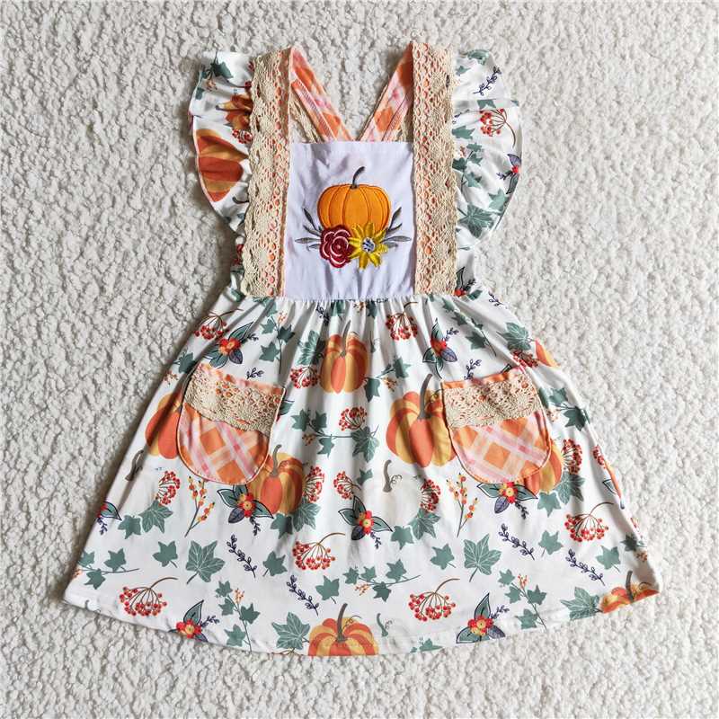 8.5 RTS NO MOQ Summer Baby Girls Dresses GSD0146 Pumpkin Floral Knee Length Dresses