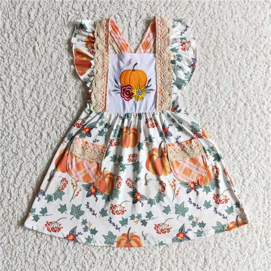 8.5 RTS NO MOQ Summer Baby Girls Dresses GSD0146 Pumpkin Floral Knee Length Dresses