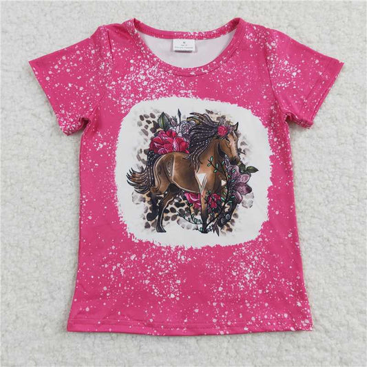7.25 RTS NO MOQ Summer Baby Girls Short Sleeve GT0122 Hotpink Horse Western Short Sleeve Shirts Tops