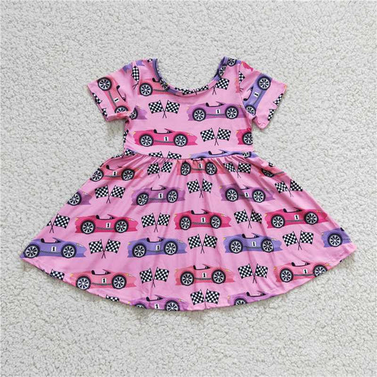 8.4 RTS NO MOQ Summer Baby Girls Dresses GSD0177 Short Sleeve Racing Knee Length Dresses