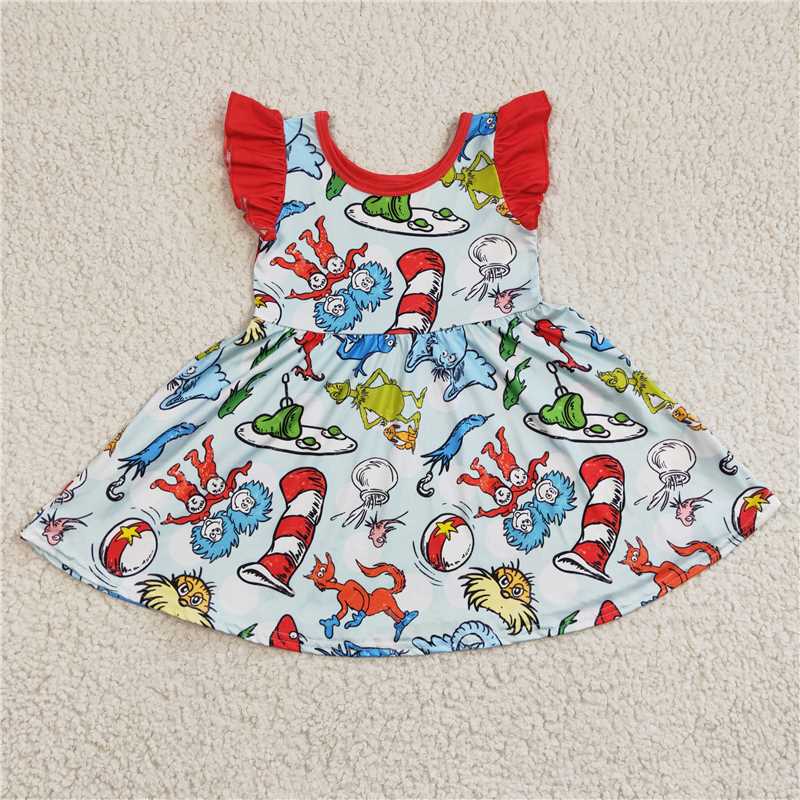 8.4 RTS NO MOQ Summer Baby Girls Dresses GSD0211 Flutter Sleeve Cartoon Reading dresses