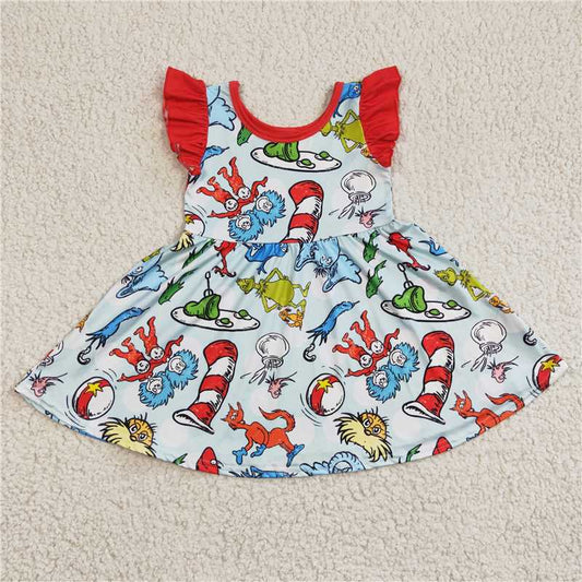 8.4 RTS NO MOQ Summer Baby Girls Dresses GSD0211 Flutter Sleeve Cartoon Reading dresses