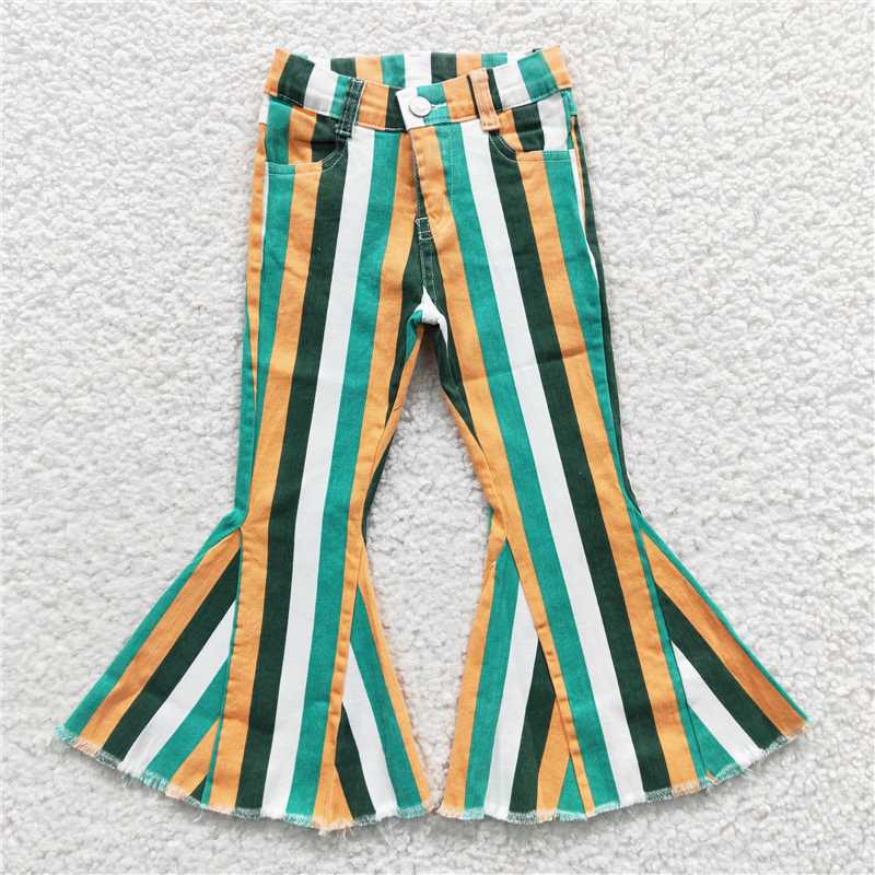 RTS NO MOQ Baby Girls Pants P0131 Green Yellow Stripes Denim Bell Pants