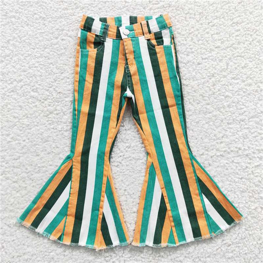 RTS NO MOQ Baby Girls Pants P0131 Green Yellow Stripes Denim Bell Pants