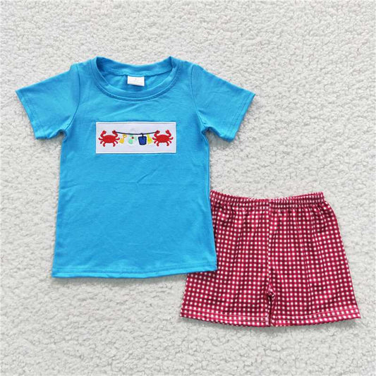 RTS NO MOQ Baby Boys kids Summer Sets BSSO0247 Crab Shirt Match Plaid Shorts Sets