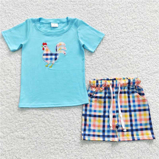 RTS NO MOQ Baby Boys kids Summer Sets BSSO0270 Chicken Blue Plaid Shorts Sets