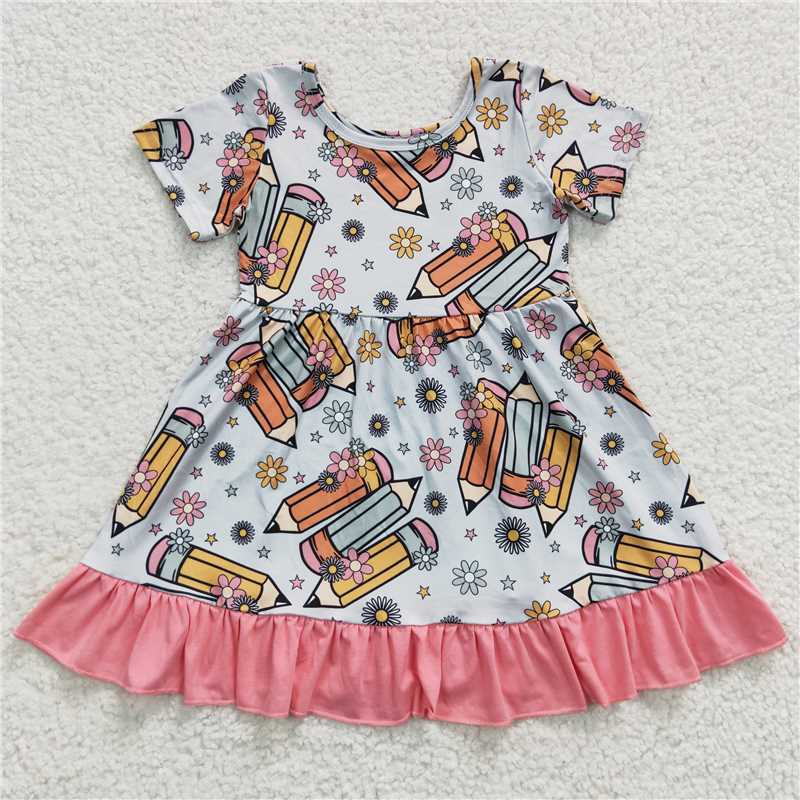 8.2 RTS NO MOQ Summer Baby Girls Dresses GSD0379 Back To School Pencil Ruffle Knee Length Dresses