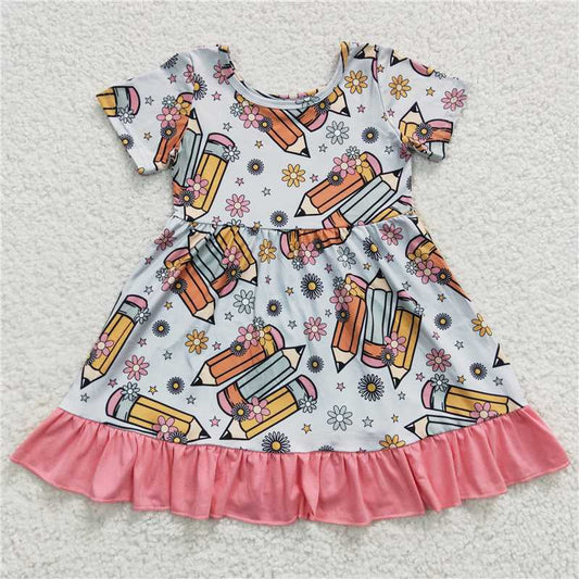 8.2 RTS NO MOQ Summer Baby Girls Dresses GSD0379 Back To School Pencil Ruffle Knee Length Dresses