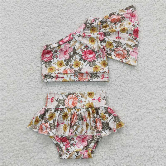 RTS NO MOQ Baby Girls Summer Outifts GBO0157 Flowers One Shoulder Top Skirt Bummie Sets