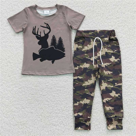 7.19 RTS NO MOQ Baby Boys Summer Sets BSPO0108 Deer Camo Tee Shirt Pocket Pants Sets